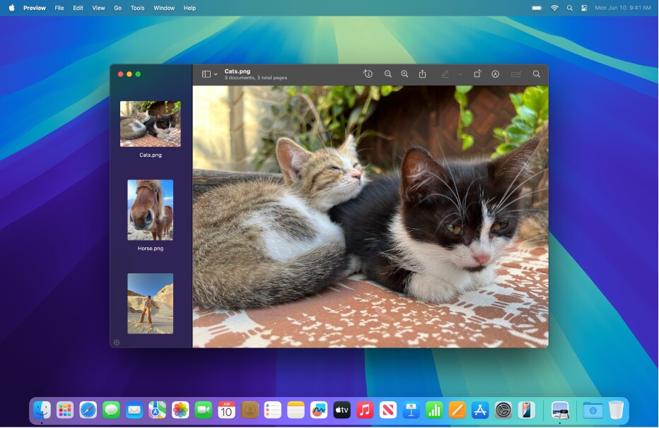 Der Desktop von macOS wird von dem typischen Dock dominiert. (Quelle: Apple)