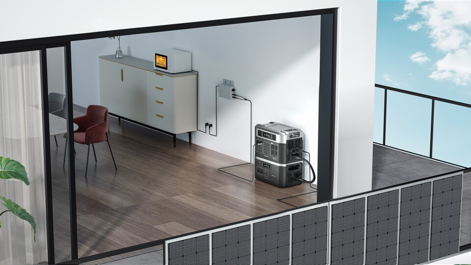 Das Herstellerbild zeigt: Solarstrom wird direkt über die Powerstation bezogen, der Wechselrichter des Balkonkraftwerkes dient offenbar nur noch zur Einspeisung aus dem Akku.