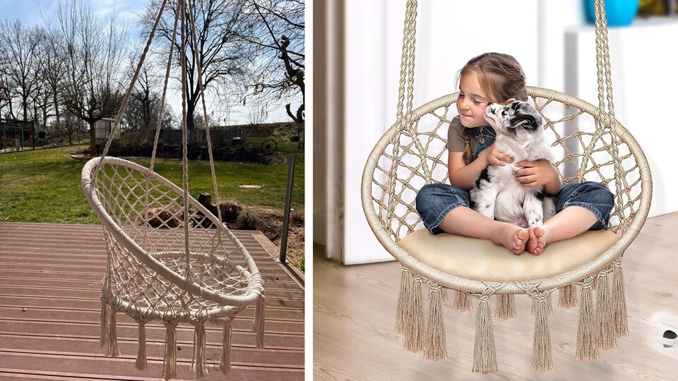 Diesen Hängesessel haben wir bei uns auf der Terrasse. Er ist mein Lieblingsplatz für den mittäglichen Kaffee.