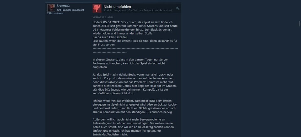 So wie diese Bewertung klingen sehr viele Steam-Reviews: Technische Probleme verderben den Spielspaß.