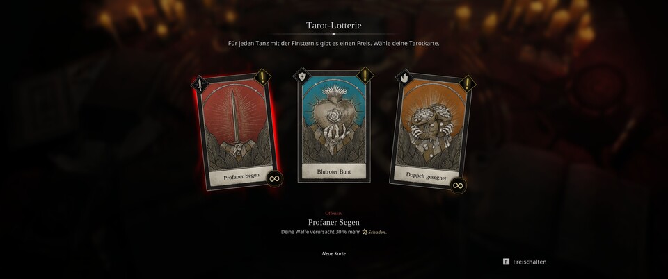 Auch die Tarot-Karten kehren zurück und gewähren Boni wie mehr Schaden, mehr Leben oder mehr verdientes Gold.