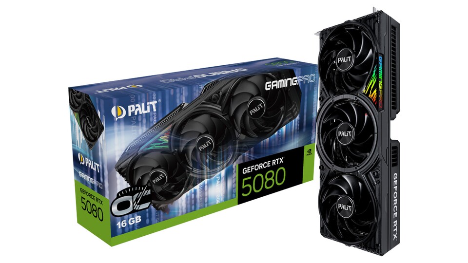 Die RTX 5080 mit dem Kühlerdesign und Factory-Overclock von Palit ist aktuell das günstigste Modell am Markt.