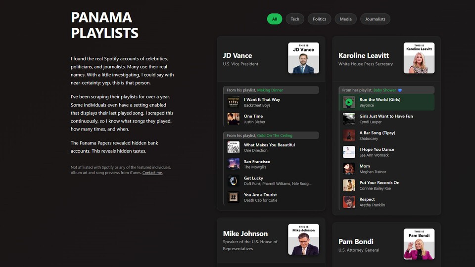 Die Seite »Panama Playlists« imitiert das Spotify Interface. Dort sind die Playlists nach bekannten Persönlichkeiten geordnet. (Bildquelle: panamaplaylists.com)