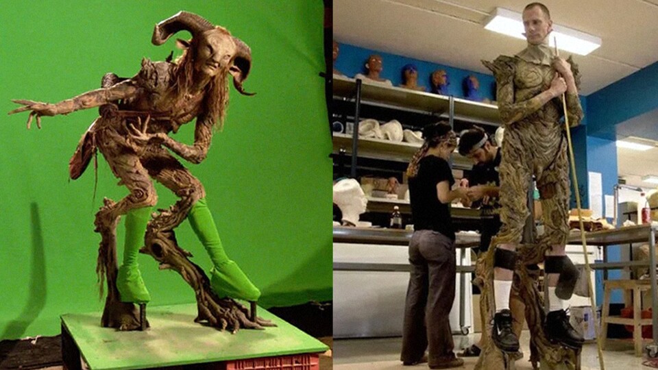 Links seht ihr den Faun in voller Montur, rechts Schauspieler Doug Jones, an desen Kostüme Teile angeschraubt werden. (Bilder: Warner Bros.)