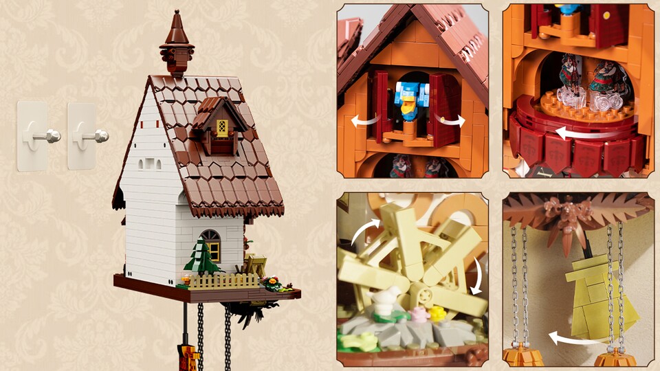 Die Kuckucksuhr kann an die Wand montiert werden oder auf Standfüßen stehen.