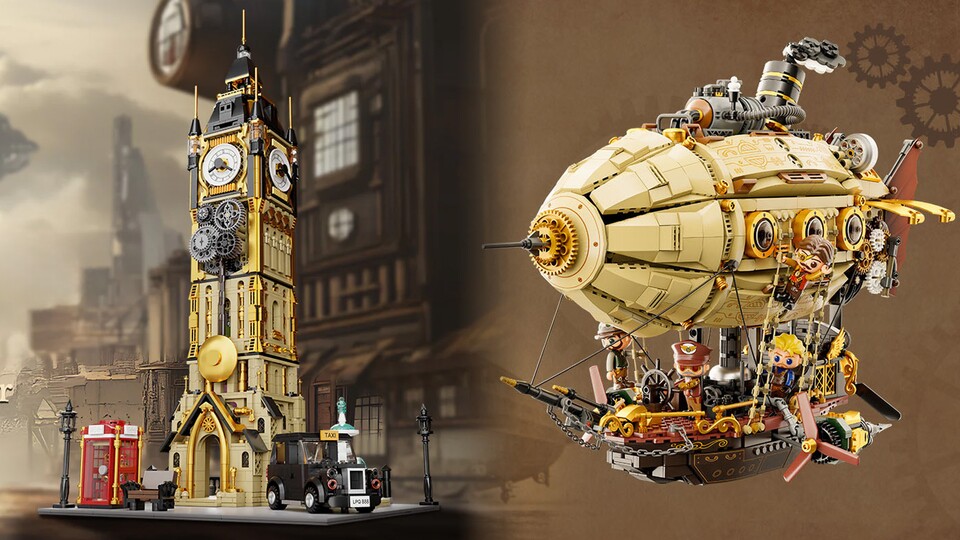 Viele metallisch goldene Teile, Zahnräder und klassischer Steampunk-Charme. Das Luftschiff und der Uhrenturn sind Paradebeispiele für dieses Thema.