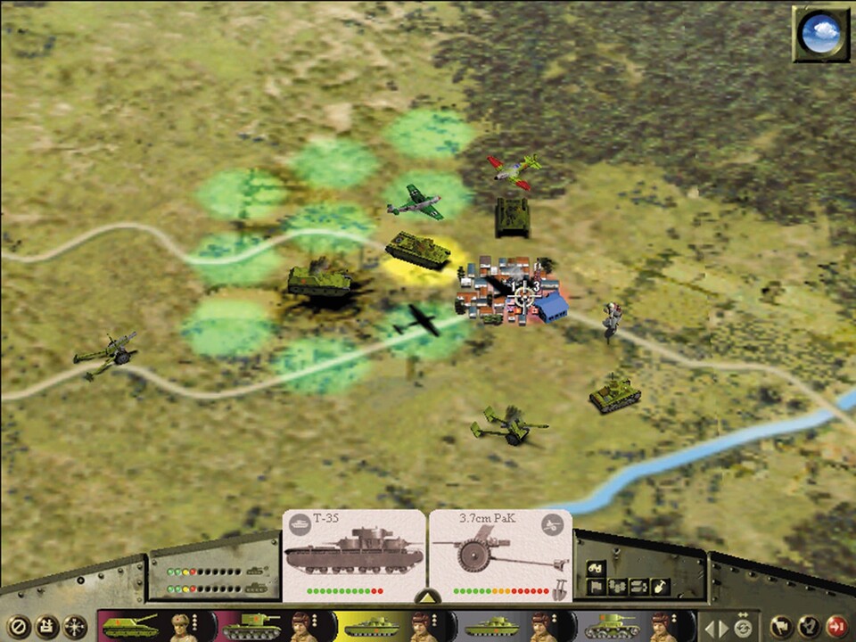 Während über dem Dorf ein Luftkampf tobt, greift ein Panzer die angeschlagene Abwehr an, die sich zur Verteidigung verschanzt hat.