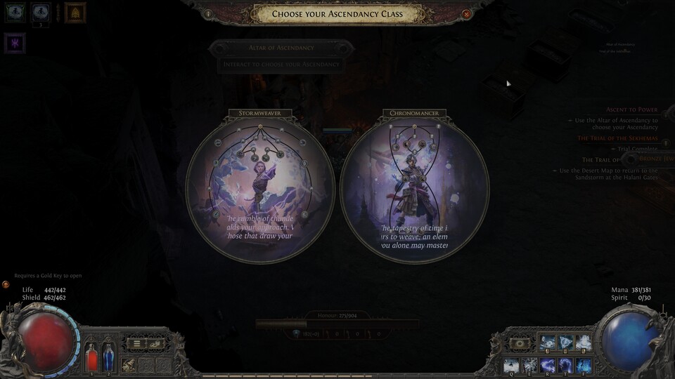 Nach abgeschlossener Prüfung wartet ein Altar, an dem ihr eure Aszendenzklasse auswählt. Vorher könnt ihr euch die einzelnen Fähigkeiten durchlesen.