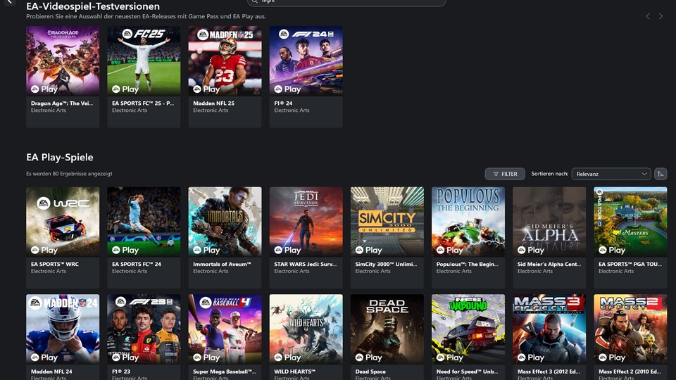 Zusätzlich zu den Spielen aus dem regulären Angebot gibt’s im PC Game Pass auch noch viele Titel von EA.