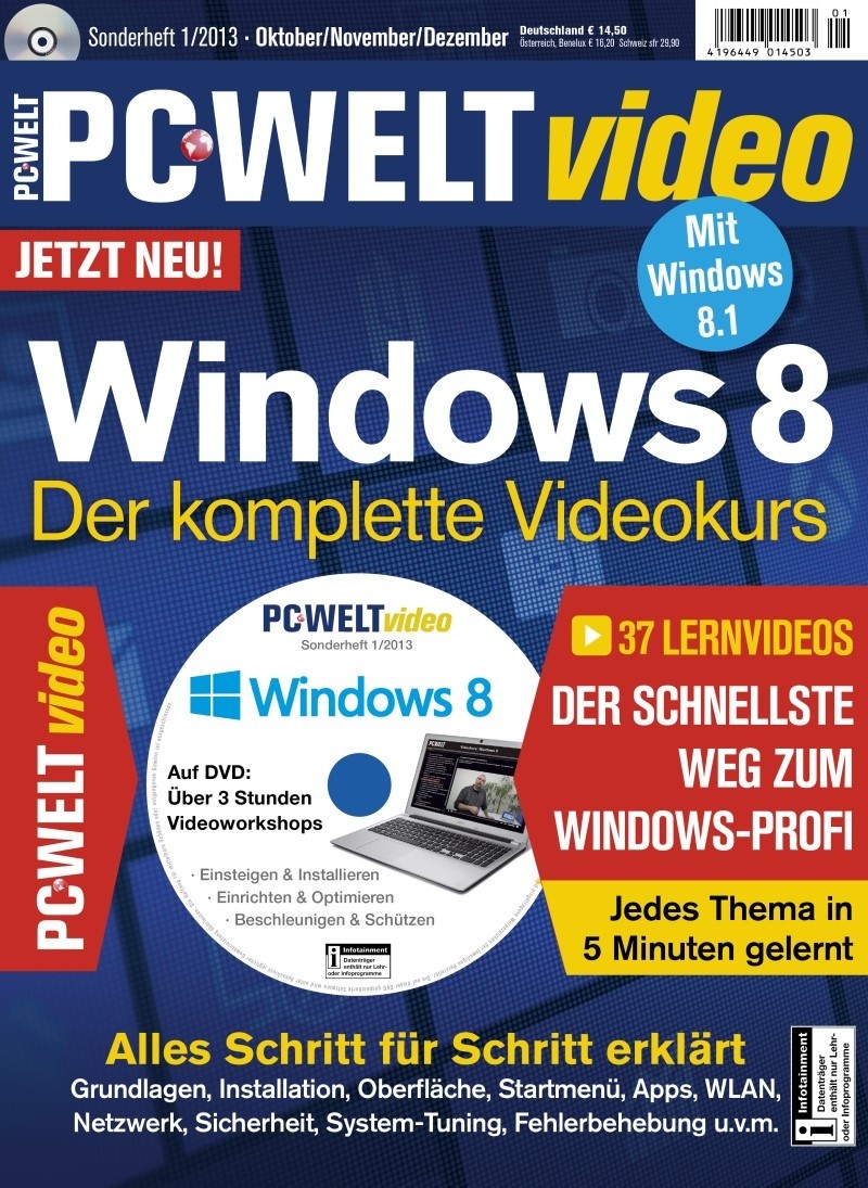 Das Sonderheft 1/2013 der PC-WELT bietet insgesamt 37 Lernvideos zu Windows 8 auf DVD und ist ab sofort am Kiosk erhältlich.