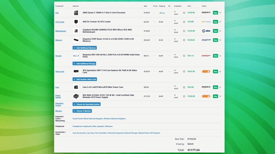Die GPU der Steam Machine ähnelt der AMD Radeon 7600M für Laptops. Bei diesem PC habe ich daher die AMD Radeon RX 7600 ausgewählt, die noch etwas schneller ist. (Bildquelle: pcpartpicker)
