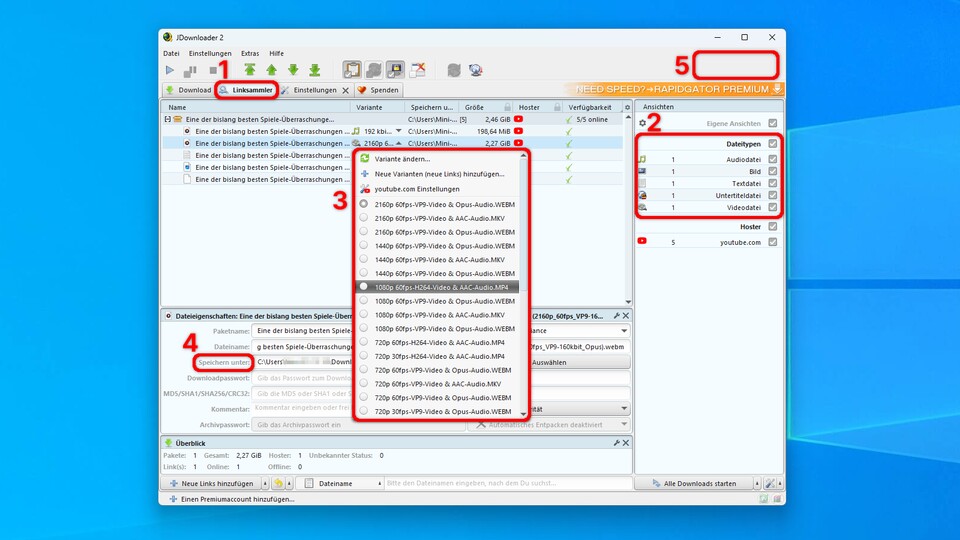 (1) Habt ihr den Link zu einem YouTube-Video kopiert, taucht es im Linksammler auf. (2) Auf Wunsch könnt ihr im Bereich »Ansichten« nur Videos markieren. (3) Per Klick auf das nach unten zeigende Dreieck lässt sich die gewünschte Version auswählen. (4) Wo der Download landet, legt ihr im Bereich »Speichern unter« fest. (5) Klickt ihr auf die freie Fläche oben rechts, öffnet sich dort unter anderem die Möglichkeit, die Download-Rate zu begrenzen.