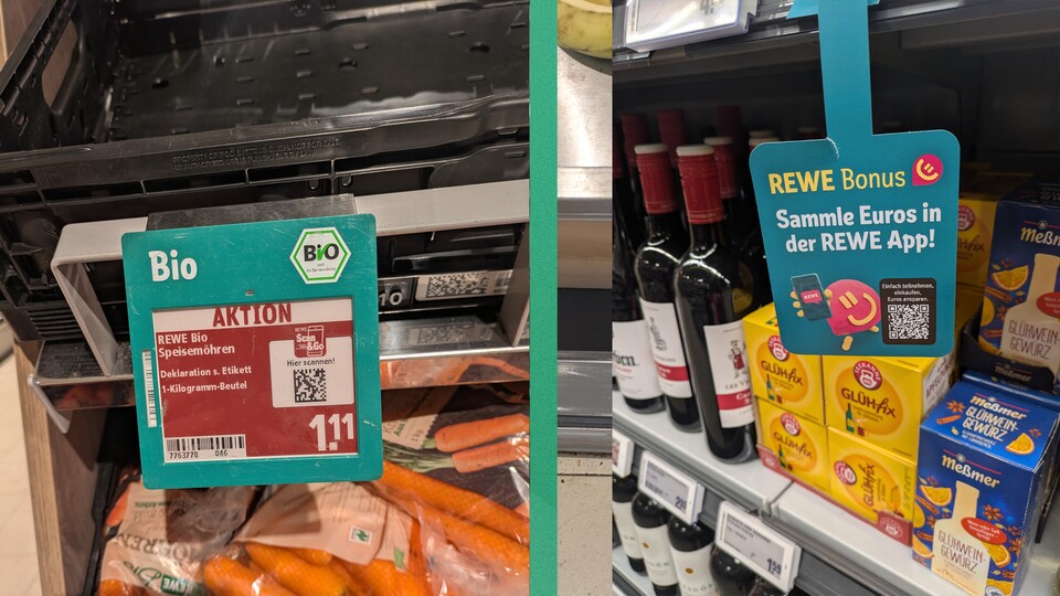 Auch Rewe bewirbt im Supermarkt fleißig die eigene App.
