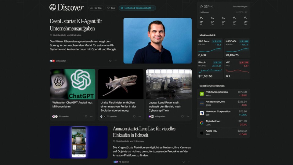 Das ist der Discover-Feed aus dem Comet Browser. Neben Artikeln zu bestimmten Fachbereichen werden hier auch Aktienkurse und das Wetter angezeigt.