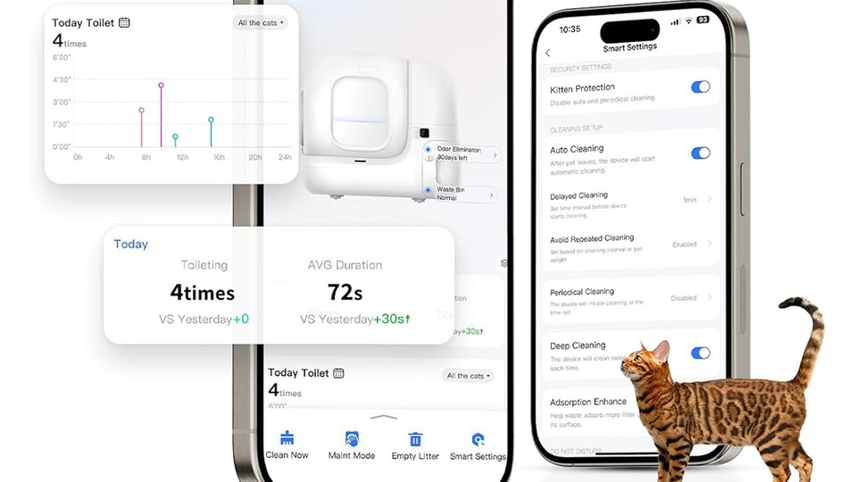 Mit der PETKIT-App könnt ihr genauestens beobachten, wann und wie oft euer flauschiger Vierbeiner sein Geschäft verrichtet und sicherstellen, dass es ihm gut geht.