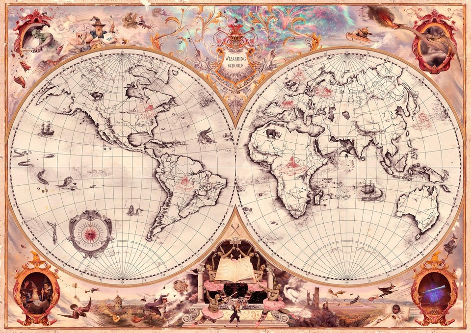 J. K. Rowlings Weltkarte der Zauberschulen inklusive Hogwarts, Ilvermorny und Beauxbatons.