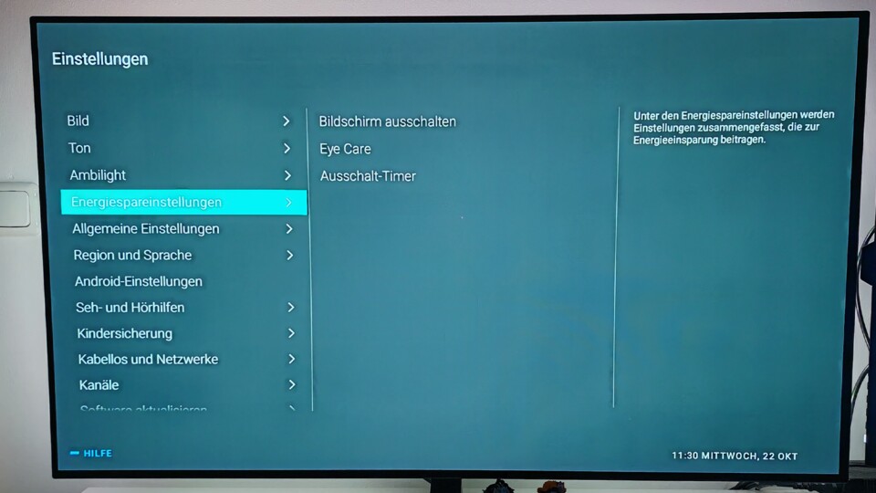 Bei meinem Philips-TV heißt der Eco-Modus »Eye Care«. Außerdem habe ich noch zwei weitere Möglichkeiten, Strom zu sparen. (Bildquelle: Maxe S., GameStar)
