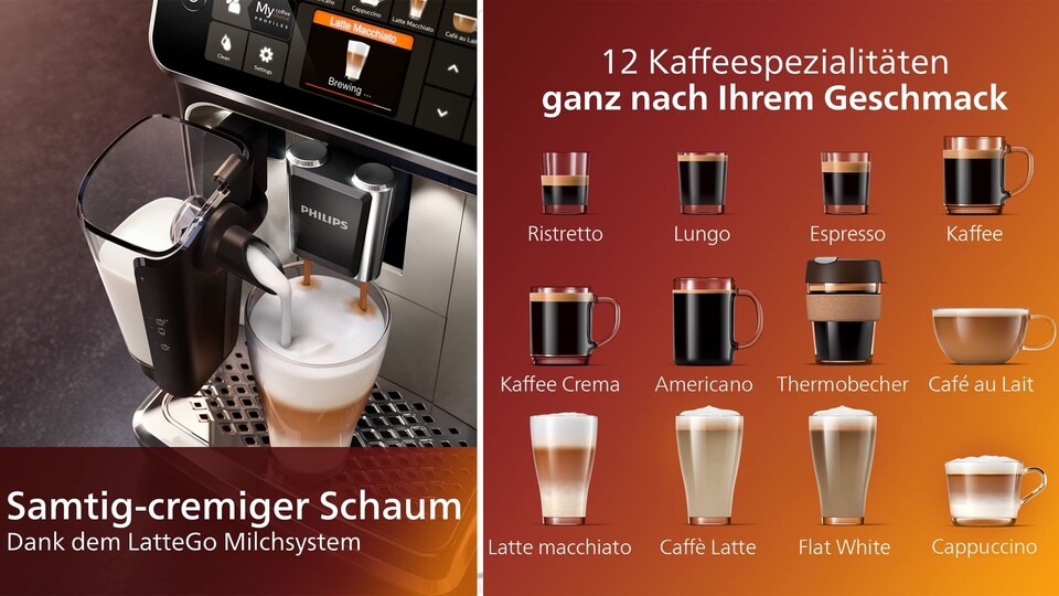Der Philips Series 5400 Kaffeevollautomat beherrscht 12 Getränke auf Knopfdruck. Dank vier unterschiedlicher Profile und intuitivem Display, könnt ihr alles perfekt auf euren Geschmack und eure Tassengröße einstellen.
