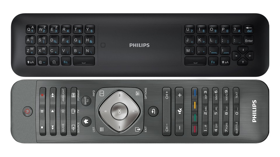 Auf der Rückseite der Philips-Fernbedienung befindet sich eine vollwertige Tastatur, mit der sich Internetadressen und andere Eingaben sehr schnell erledigen lassen.