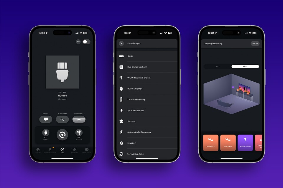 In der Philips-Hue-App können Eingänge, Verhaltensweisen und auch die Positionen der Lampen eingestellt werden.
