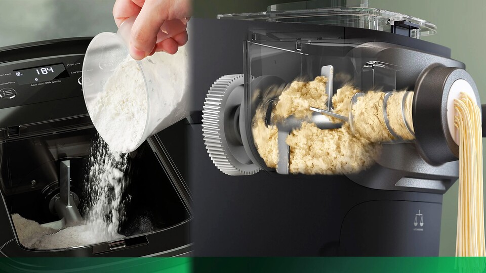 Mehl rein, kneten lassen und dann durch den Aufsatz pressen: Das Ergebnis sind die einfachsten frischen Nudeln, die ihr je gemacht habt!