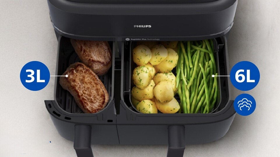 Zwei Kammern, zwei Gerichte, gleichzeitig fertig: Ich kann eine Doppelkammer-Heißluftfritteuse wärmstens empfehlen. Sorry für den Wortwitz.