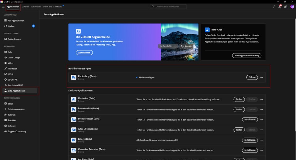 The Photoshop Beta is installed in just a few clicks.