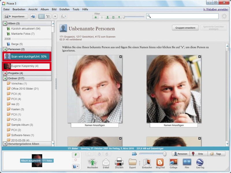 Picasa durchsucht automatisch alle Fotos nach Gesichtern. Hat man einem Porträt einmal einen Namen zugeordnet, findet Picasa weitere Fotos mit demselben Gesicht.