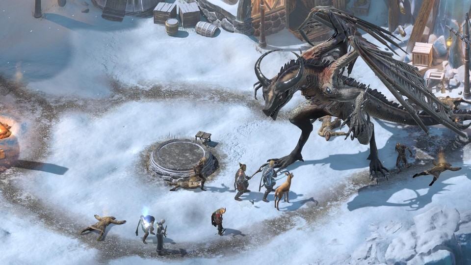 Pillars of Eternity 2: The Beast of Winter konfrontiert uns mit einem mächtigen Drachen, der Eis und Schnee verbreitet.