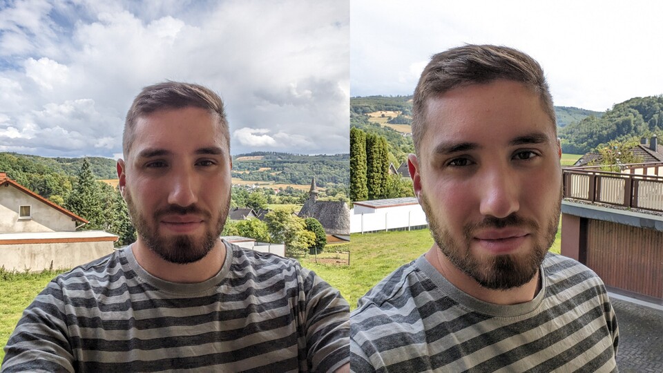 Links: Die Selfie-Kamera beim Aufklappen. Rechts: Die normale Selfie-Kamera.