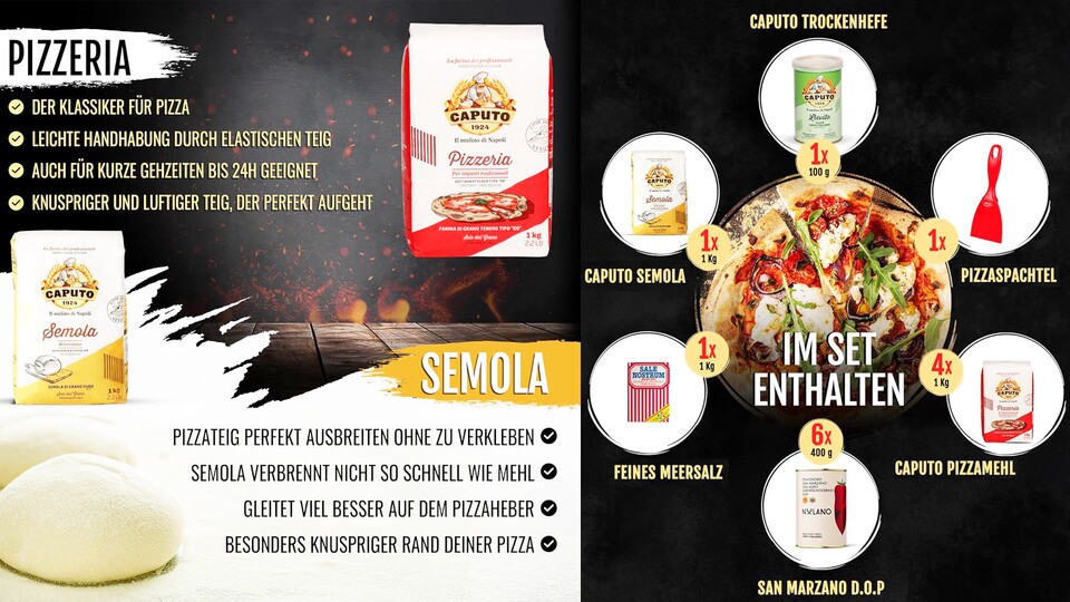 Neben Mehl und Semola sind im Paket auch sechs Dosen San Marzano Tomaten, ein Pizzaspachtel, eine Packung Trockenhefe und eine Packung Meersalz enthalten.