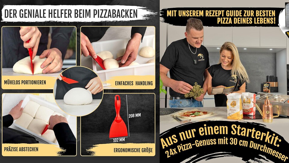 Mit dem Spachtel lässt sich der Teig extrem einfach behandeln. Im beigelegten Rezept-Guide bekommt ihr detaillierte Anweisungen für eure perfekte erste Pizza.