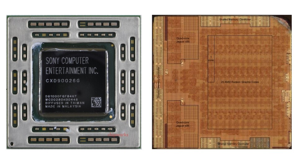 Links ist die APU der PlayStation 4 zu sehen, rechts ihr so genannter »Floor-Plan«, der die Aufteilung der DIE-Fläche zeigt. Den größten Raum nimmt die GPU ein, daneben befinden sich die beiden Quad-Core-Einheiten des »Jaguar«-Prozessors.