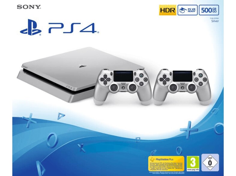 PlayStation 4 in Silber mit zwei Controllern für nur 299 €.
