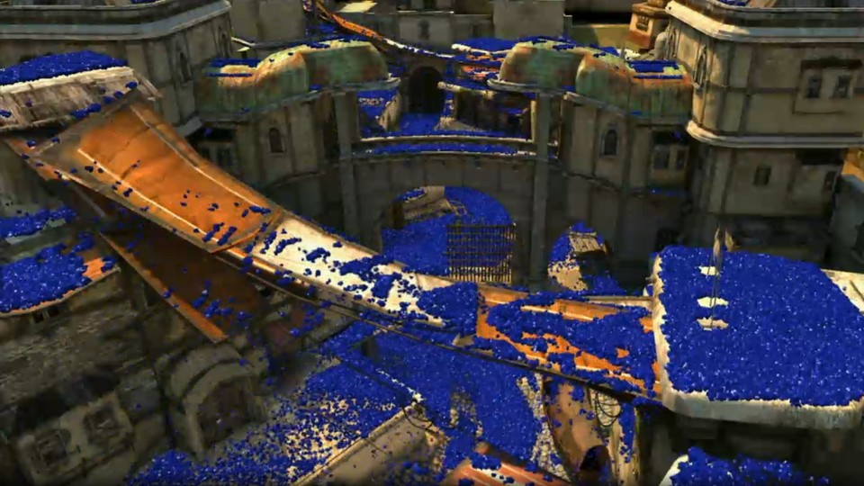 Die PS4 beherrscht auch fortschrittliche Physik-Effekte, hier etwa werden zahlreiche blaue Bälle simuliert.