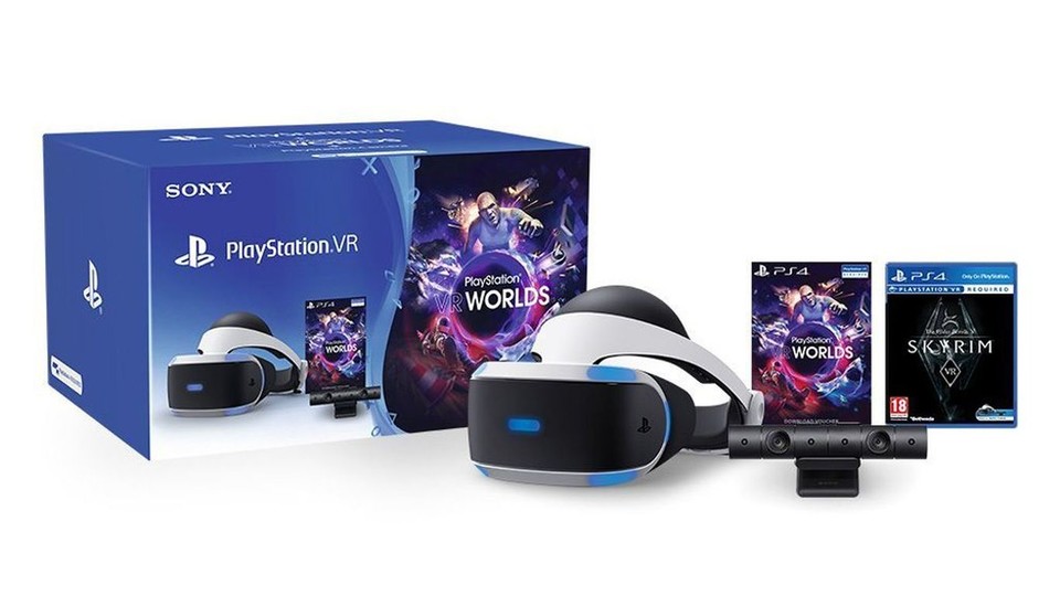 Das PSVR-Bundle von Mediamarkt ist umfangreich: Es enthält die PlaystationVR-Brille, die PS4-Kamera, zwei Move-Controller sowie VR-Worlds und Skyrim VR.