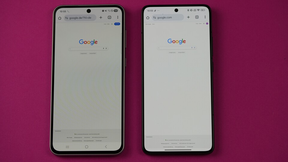 Samsung Galaxy A36 5G (1.200 Nits) und Poco F7 Pro (1.800 Nits) im Vergleich. Auf höchster manueller Helligkeit hat das teurere Poco die Nase vorn. (Bild: GameStar Tech)