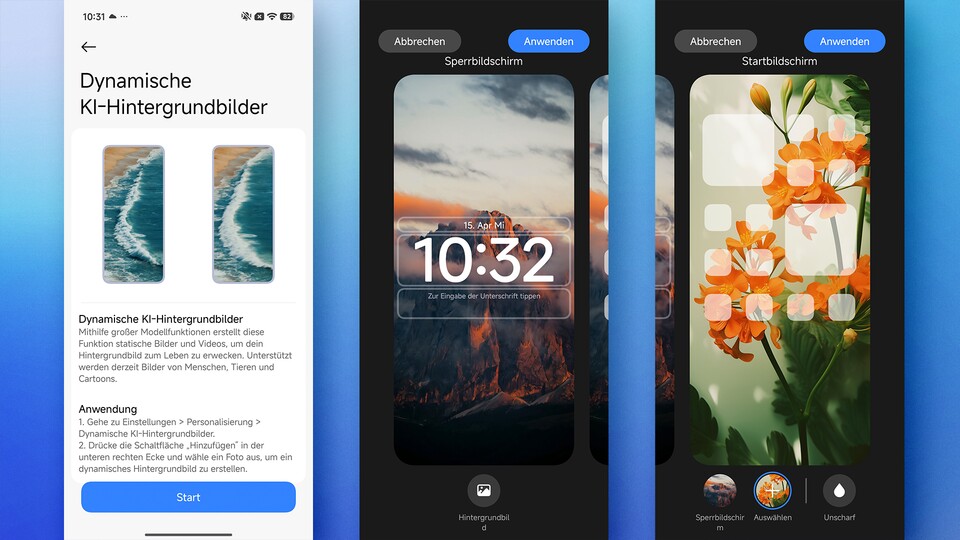 HyperOS bietet einige KI-Funktionen. Mit den dynamischen Hintergrundbildern könnt ihr bestehende Bilder animieren lassen, alternativ erstellt euch die KI auch ganz neue Wallpaper. (Bildquelle: GameStar Tech)