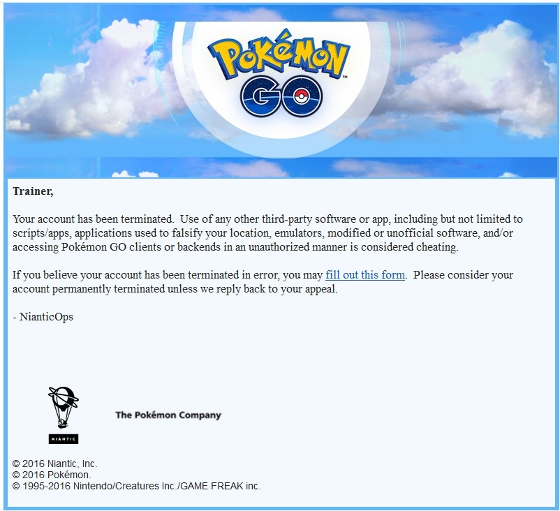 Pokémon Go - E-Mail zum Bann