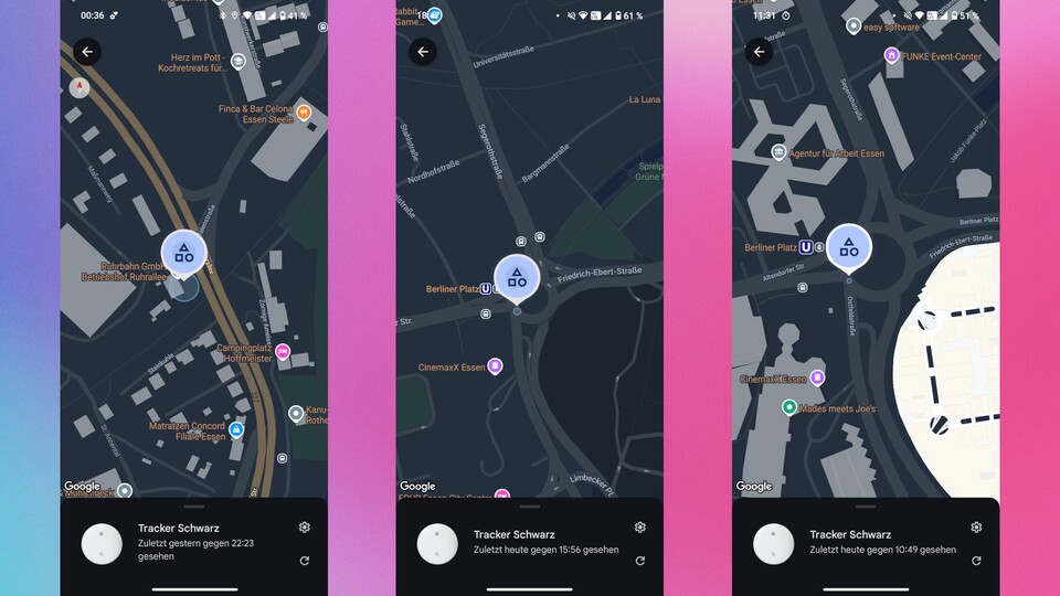 Dieser Tracker hat eine Nacht in der Parkhallte für die Busse in Essen verbracht (links). Später landete er dann am großen Kreisverkehrt am Berliner Platz (Mitte), wo er auch heute noch regelmäßig getrackt wird (rechts).