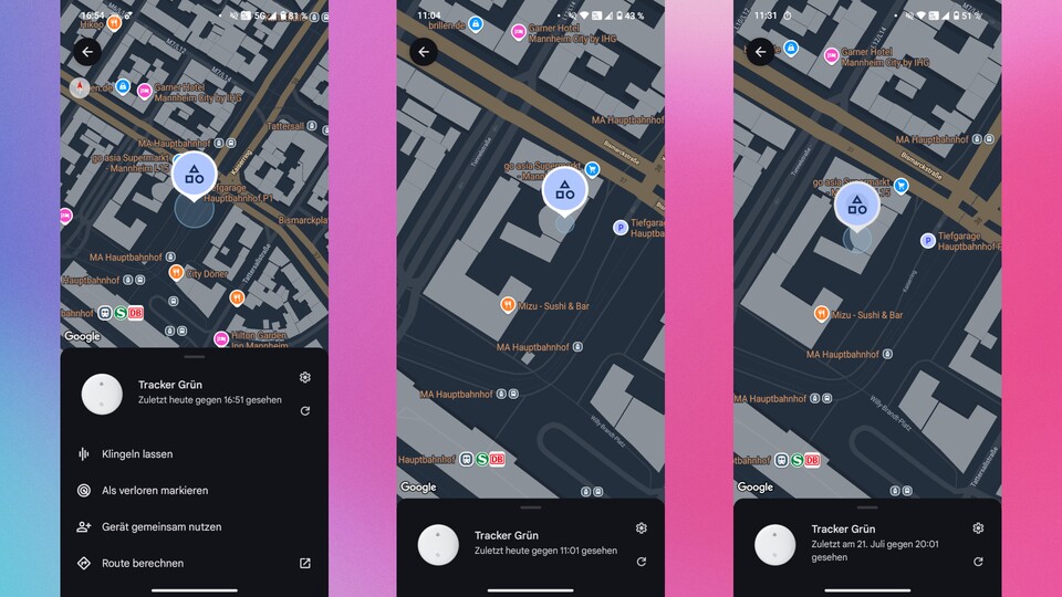 Zu Beginn lag der Tracker noch im Außenbereich des Restaurants auf einer Sitzbank (links). Schließlich wurde er im Restaurant abgegeben (Mitte) und ist dort bis zum heutigen Tag geblieben (rechts).