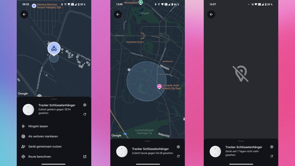 Der erste Fundort von Tracker #3 befindet sich am Ende der U-Bahn-Gleise in München (links). Ungefähr dort war er nach ein paar Tagen immer noch (Mitte). Inzwischen ist er seit längerer Zeit nicht mehr auffindbar (rechts).