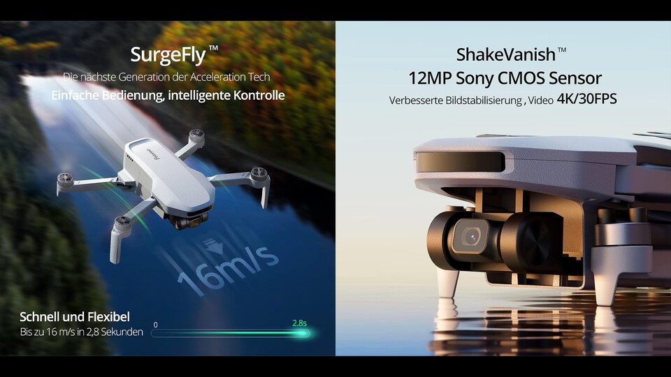 Die Drohne erreicht ihre Höchstgeschwindigkeit in weniger als 3 Sekunden und dank ShakeVanish bleiben eure Aufnahmen dennoch ruckelfrei.