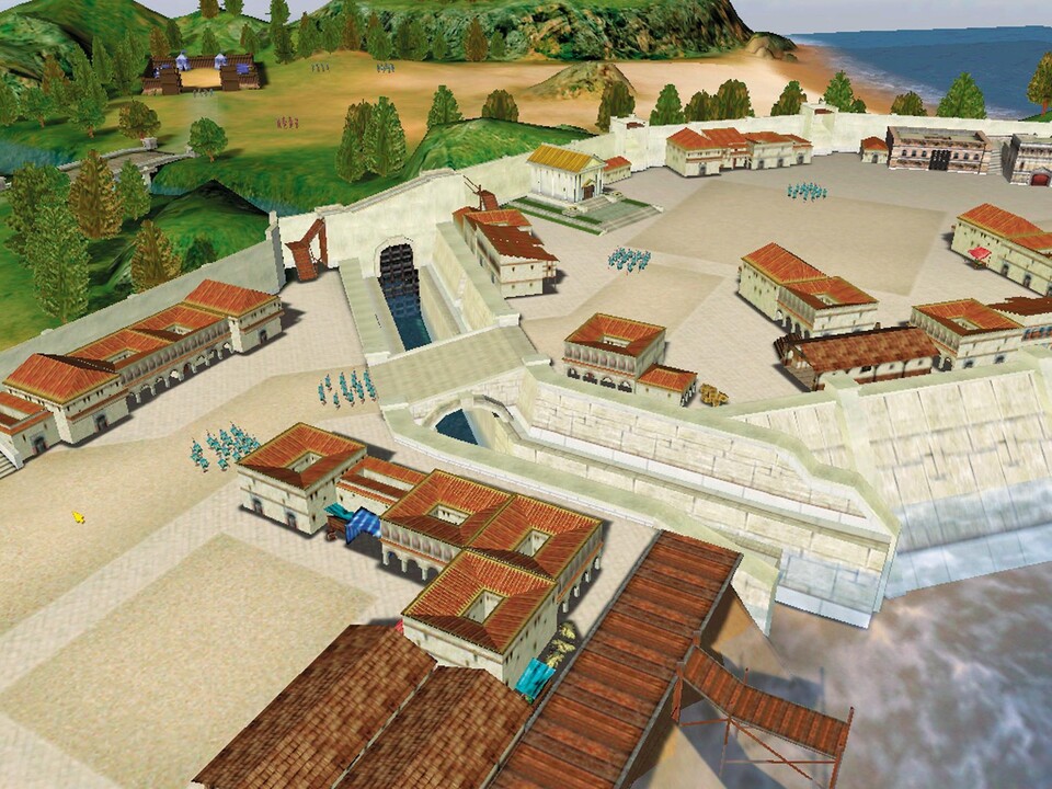 Der befestigte Römerhafen muß vom Feldlager im Hintergrund aus erobert werden, die Besatzungstruppen verteidigen sich durch Ausfälle.