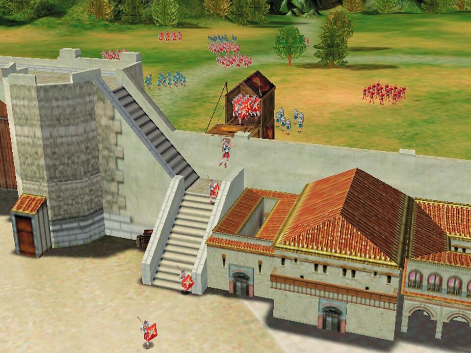 Der Belagerungsturm hat die Mauer erreicht, die roten Infanteristen stürmen die Treppe hinab in die Stadt.