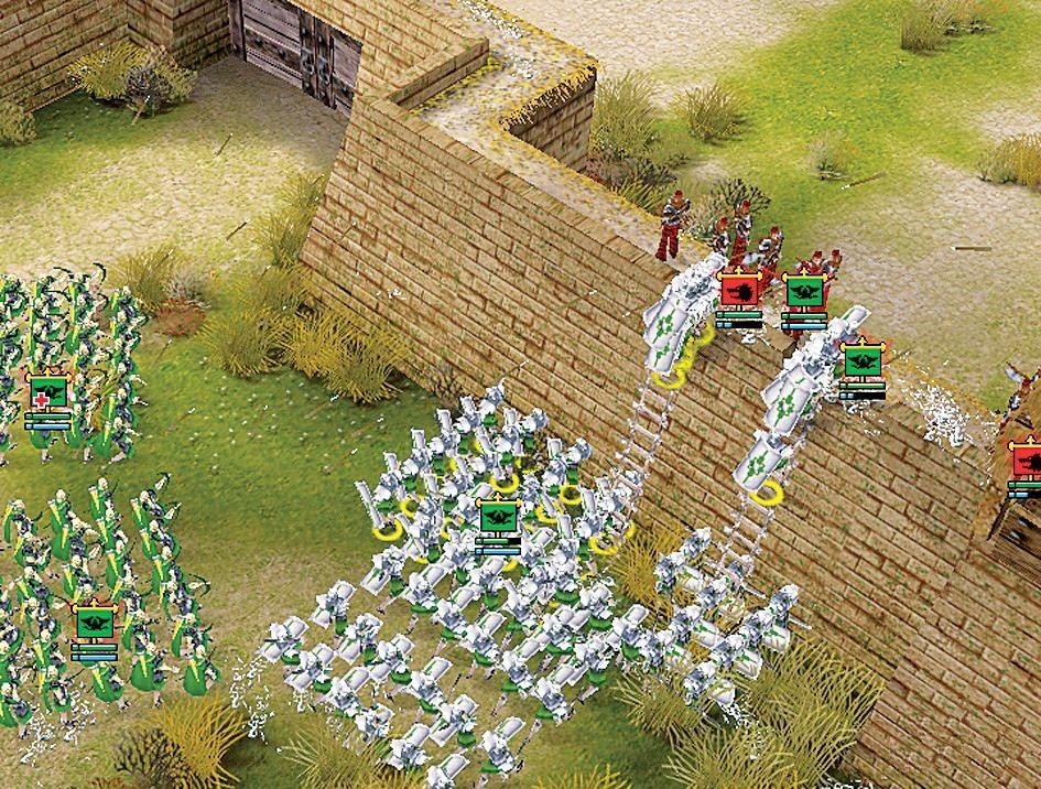 Während Katapulte die Verteidiger beharken, laufen unsere Legionäre in der Schildkröten-Formation zu den Mauern. Dort erklimmen sie die von leichter Infanterie aufgestellten Leitern - das Schicksal der Festung ist besiegelt.