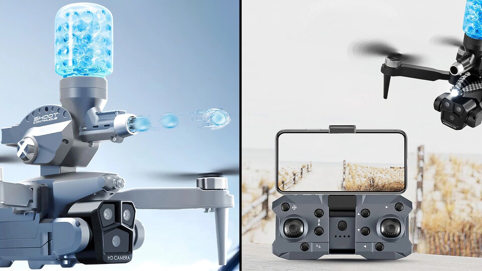 Das montierte Geschütz feuert aus der Luft. Das alles könnt ihr über den Controller und euer Handy aus der Ego-Perspektive steuern.
