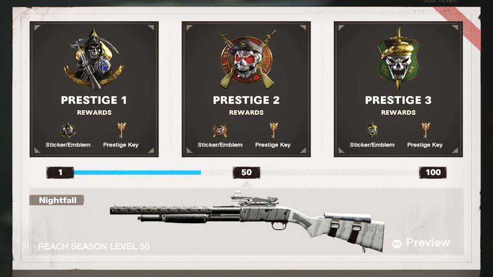 Drei Prestige-Stufen gibt es zum Release, als Belohnung winkt am Ende eine besondere Shotgun.