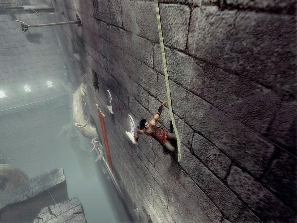 Am Seil schwingend holt der Held Schwung für einen langen Wandlauf.