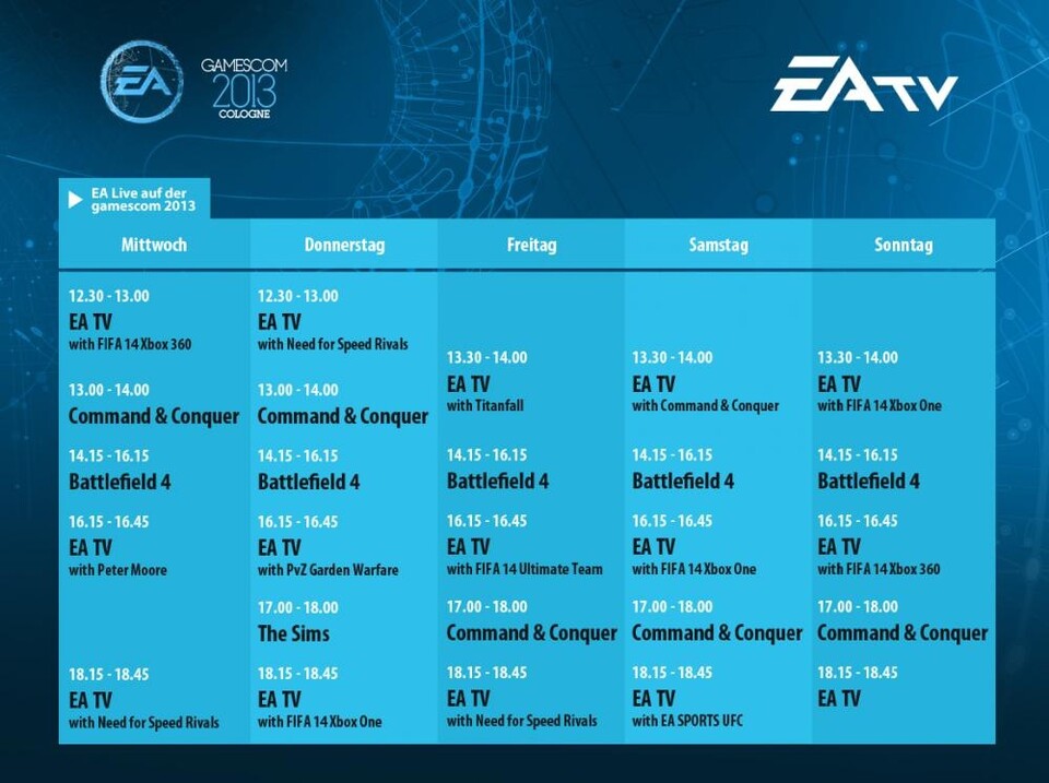 Programmplan zum EA-Live-Stream von der gamescom